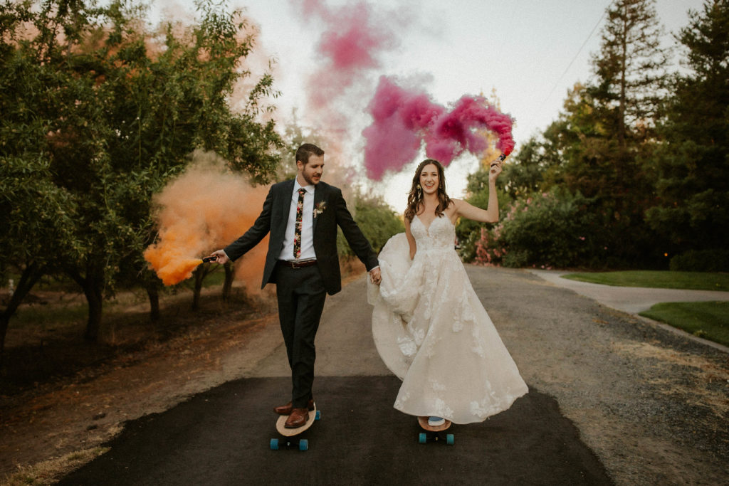 bride and groom sunset photos fun smoke bombs colorful wedding photographer modesto oakdale turlock